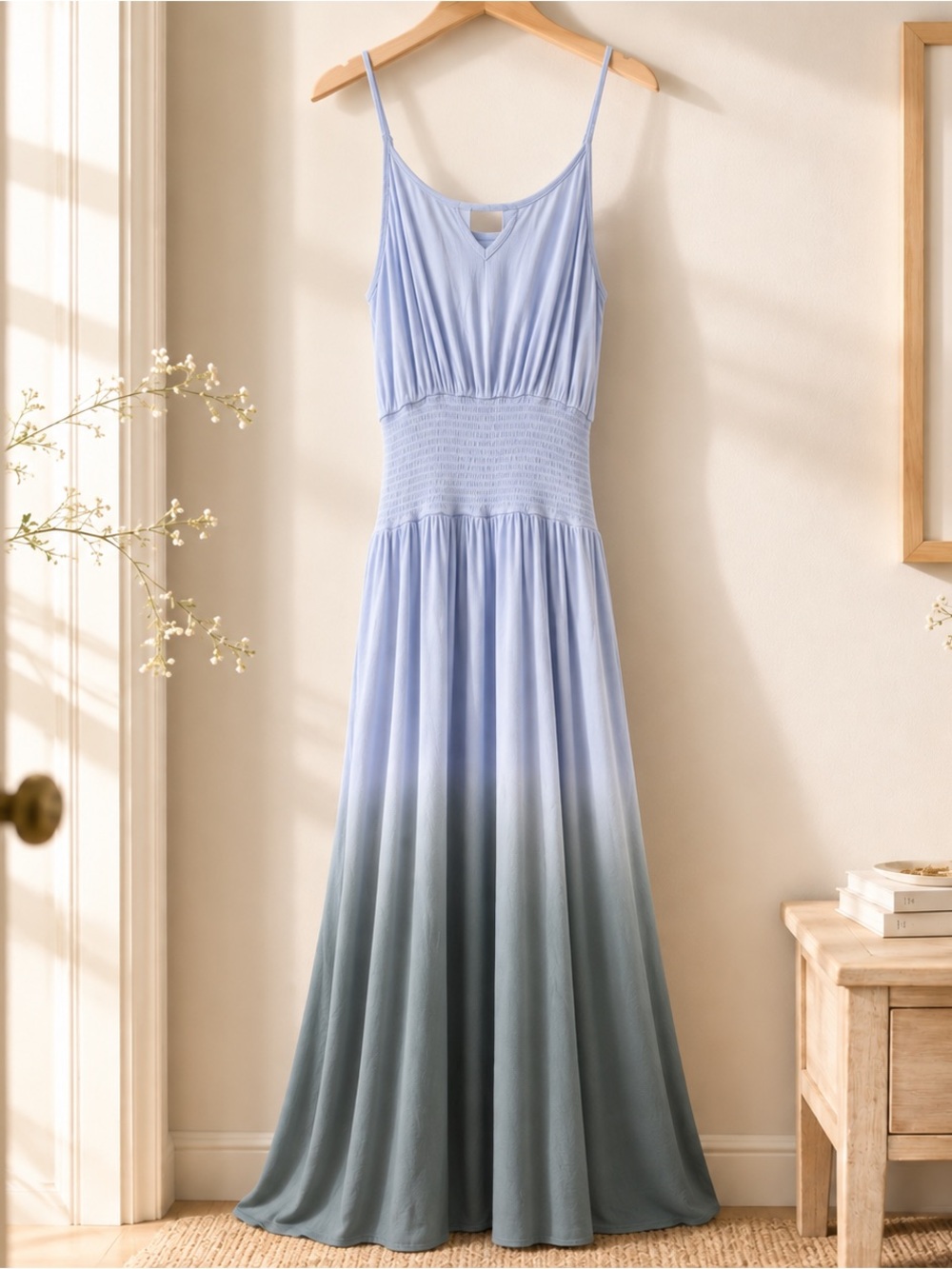 Light Blue Ombre Maxi Dress with Smocked Waist